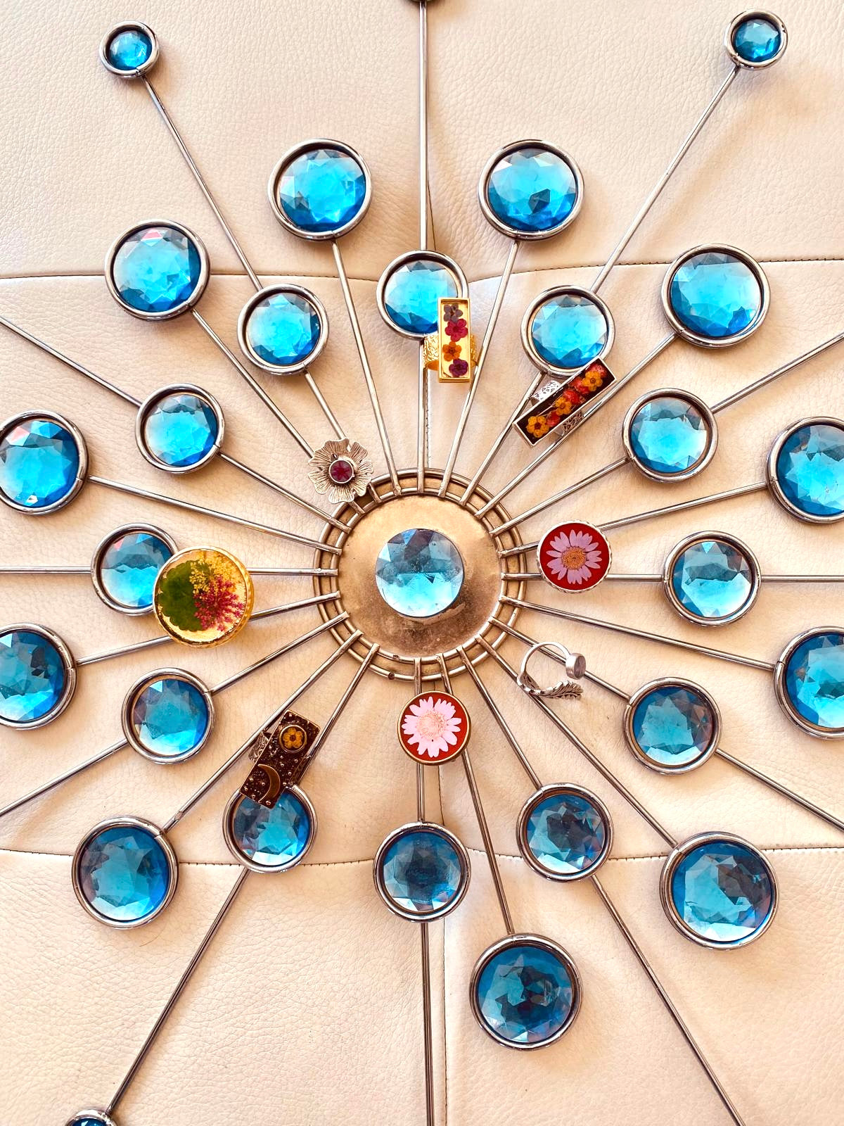 Fern silver ring with pink flower