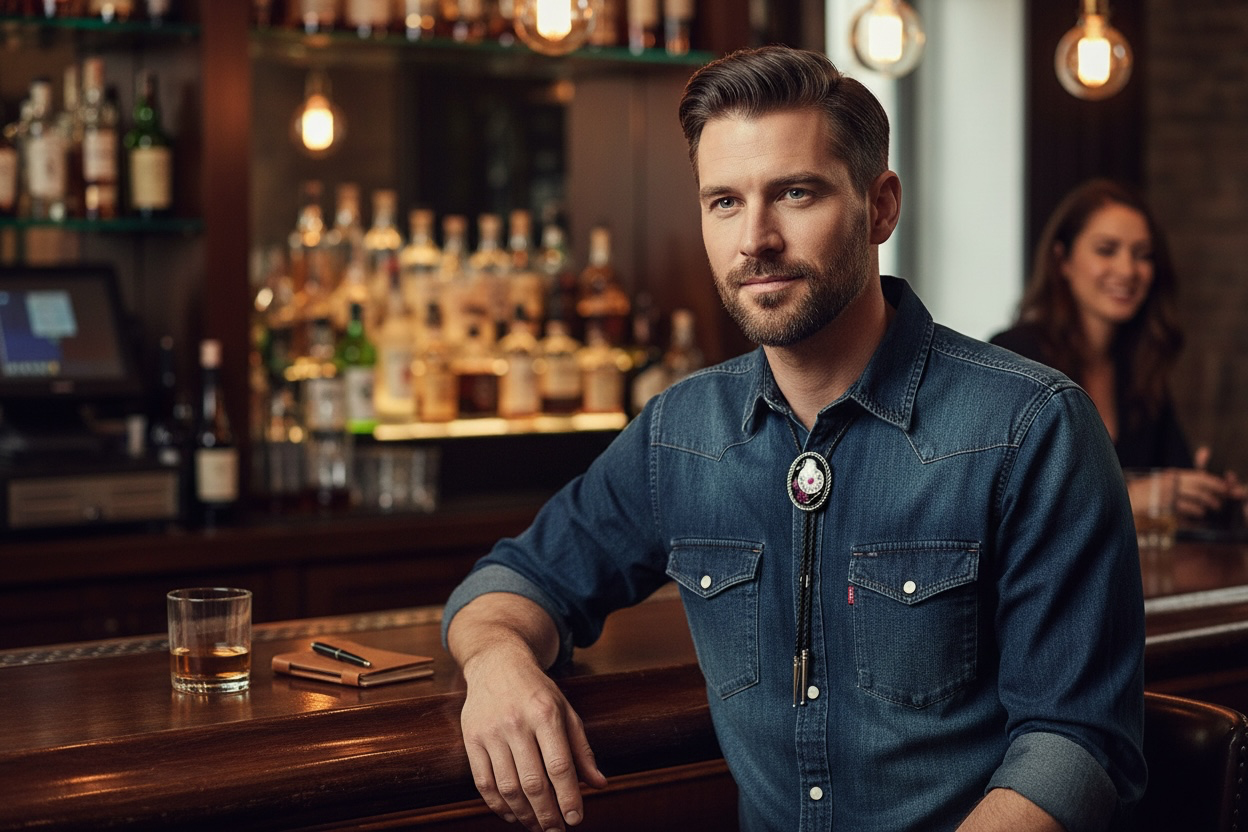 Bolo tie, pink flower and watch gears on black background