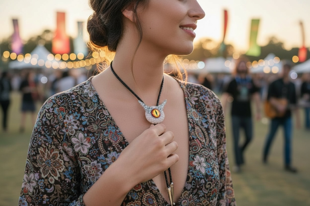 Monster bolo tie in white and silver. Model Pointy.