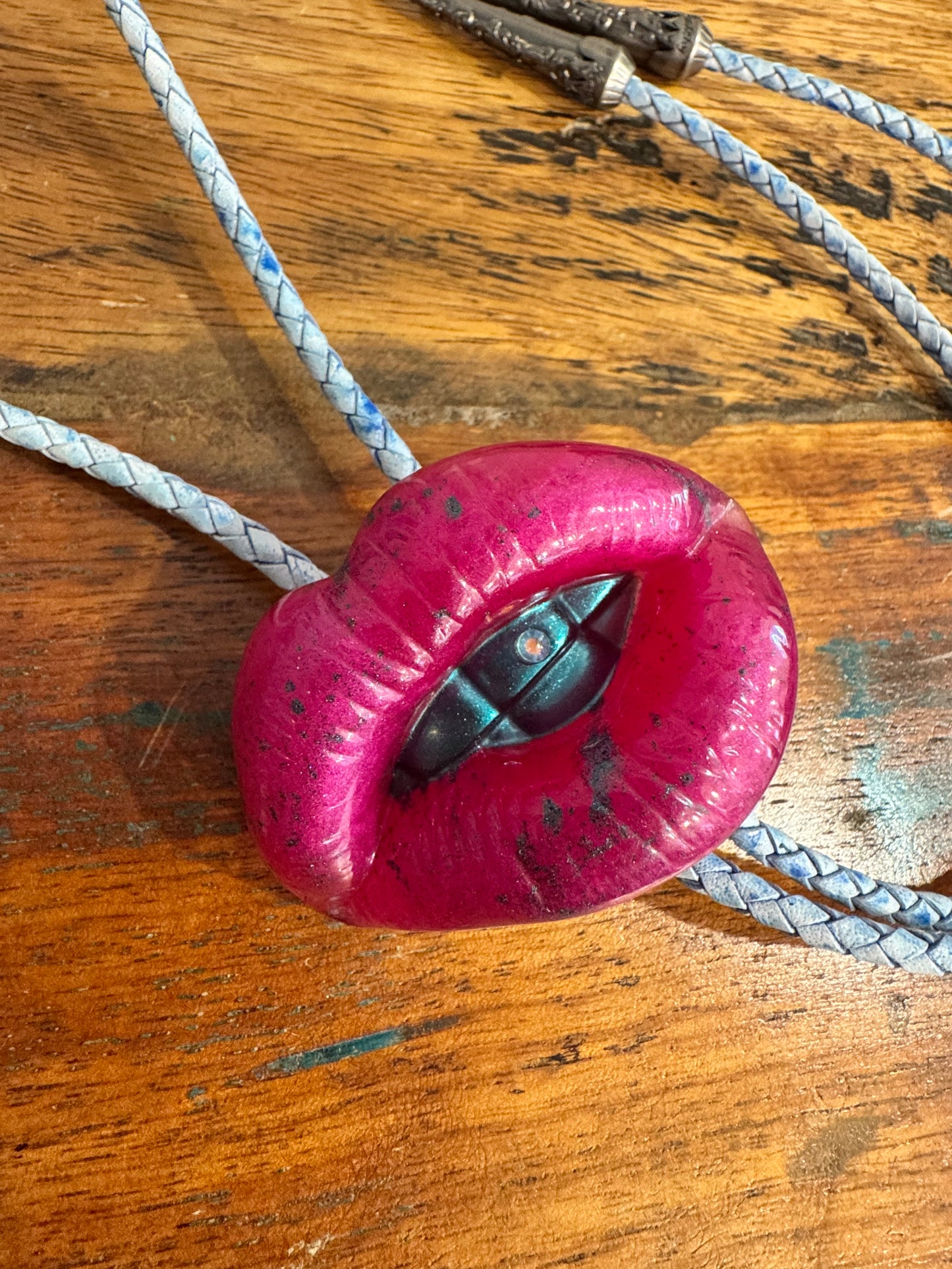 Bolo tie, pink and blue lips, handmade resin jewelry
