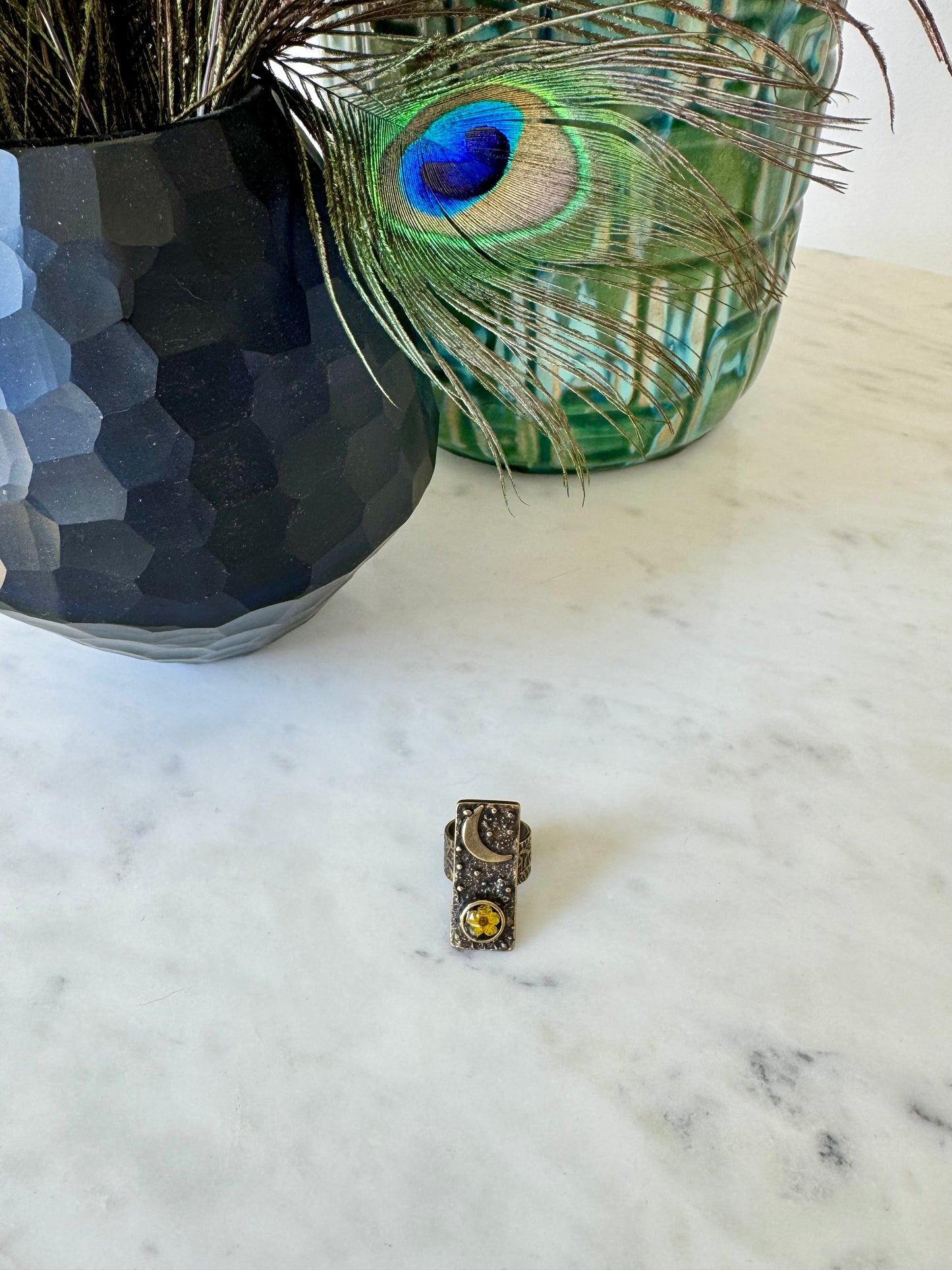 Rectangular bronze moon ring with yellow flower