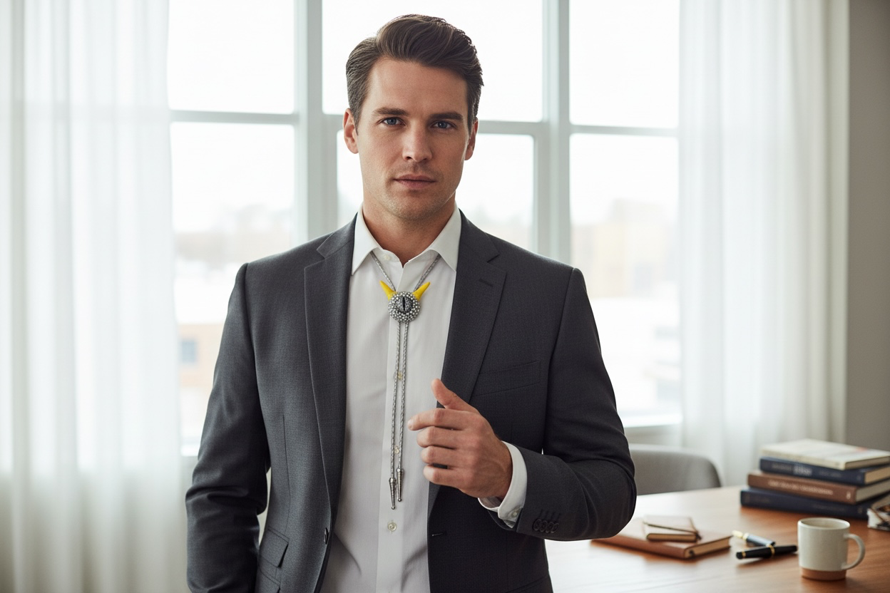Monster bolo tie in silver and yellow. Model Pointy.