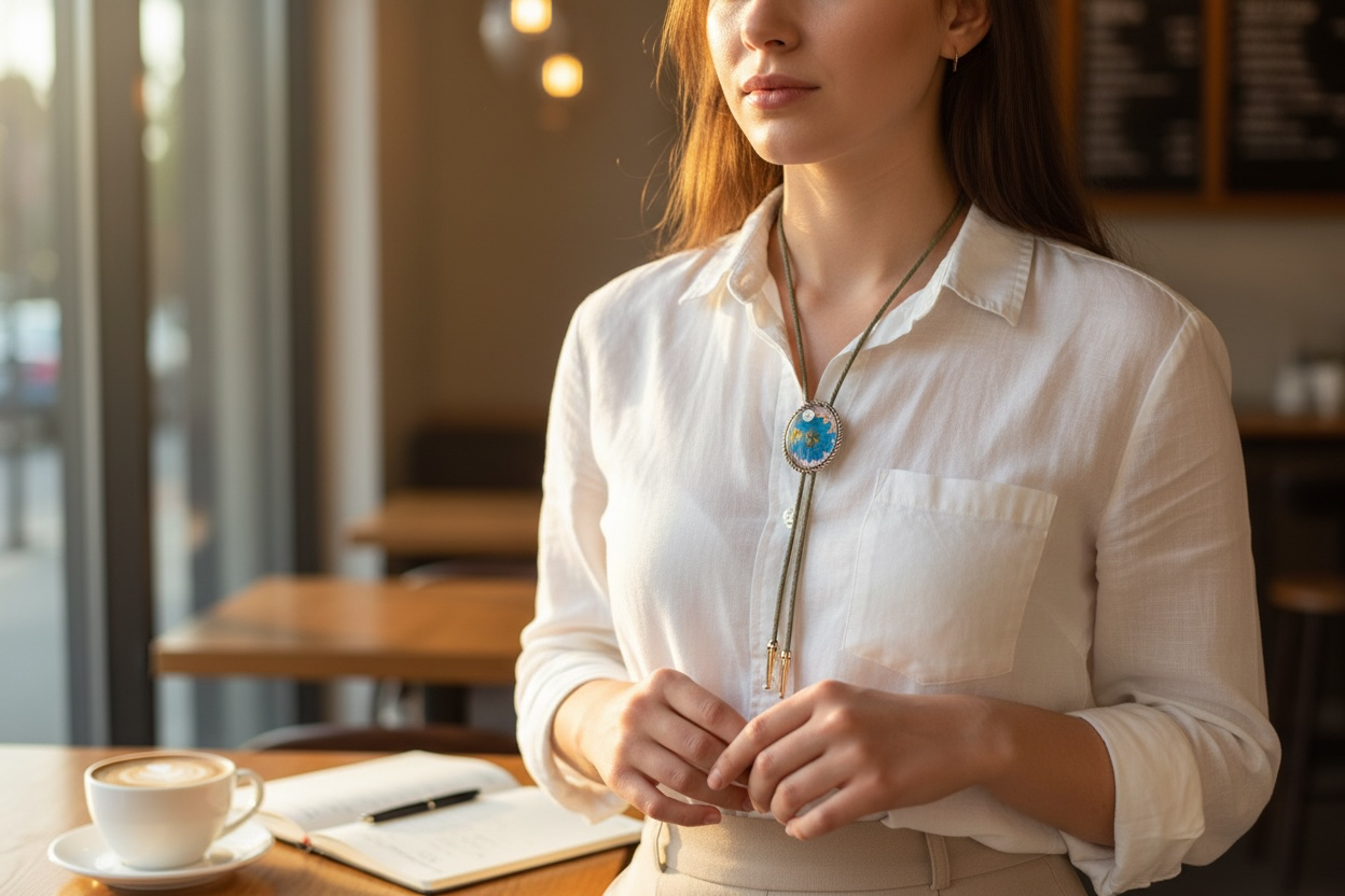 Bolo tie, blue daisy flower and watch gears