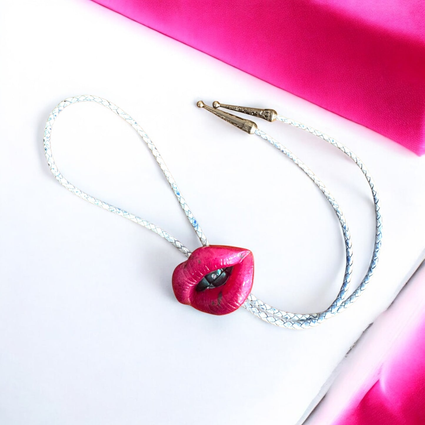 Bolo tie, pink and blue lips, handmade resin jewelry
