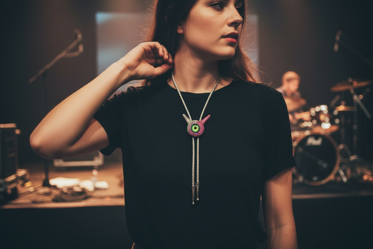 Monster bolo tie in silver and pink. Model Pointy.