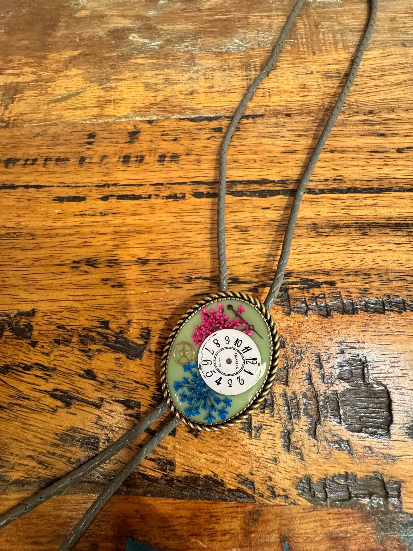 Bolo tie, blue and pink flowers and watch gears, handmade resin jewelry