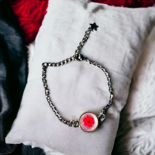 Tiny red/pink flower silver bracelet