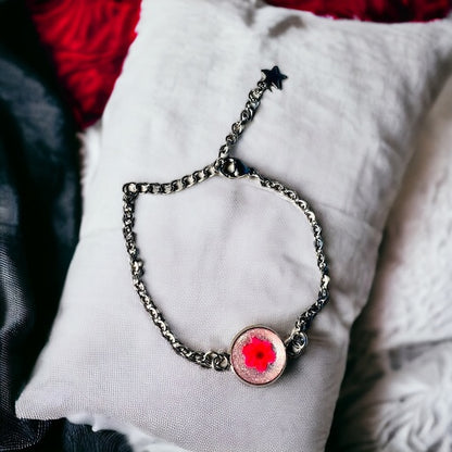 Tiny red/pink flower silver bracelet