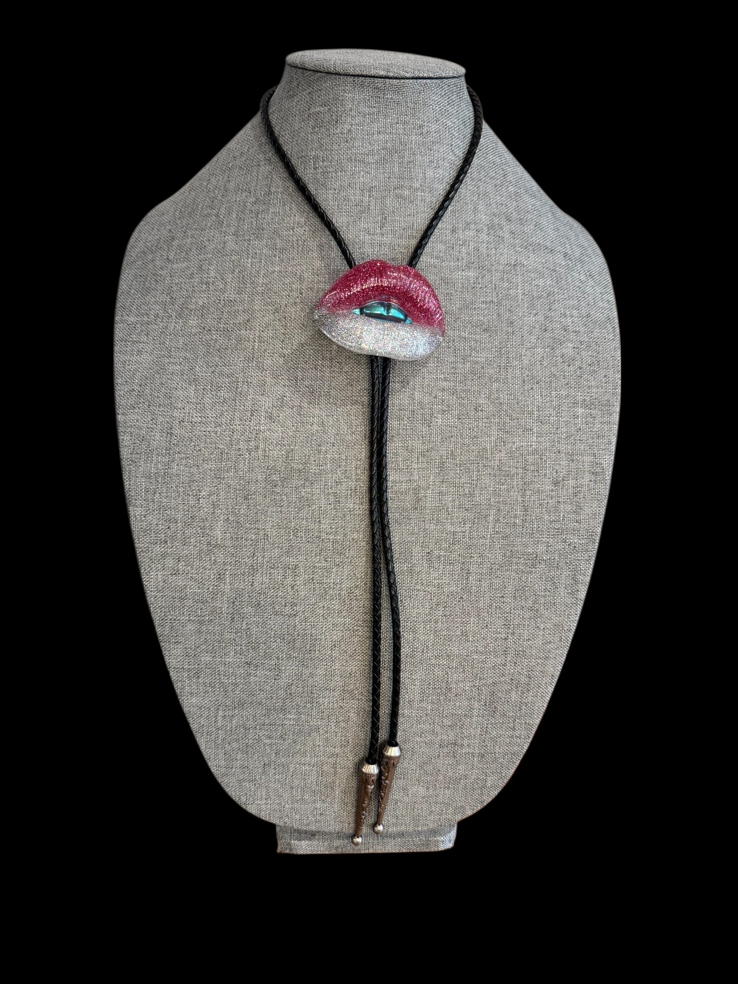 Bolo tie, silver and pink lips with blue teeth
