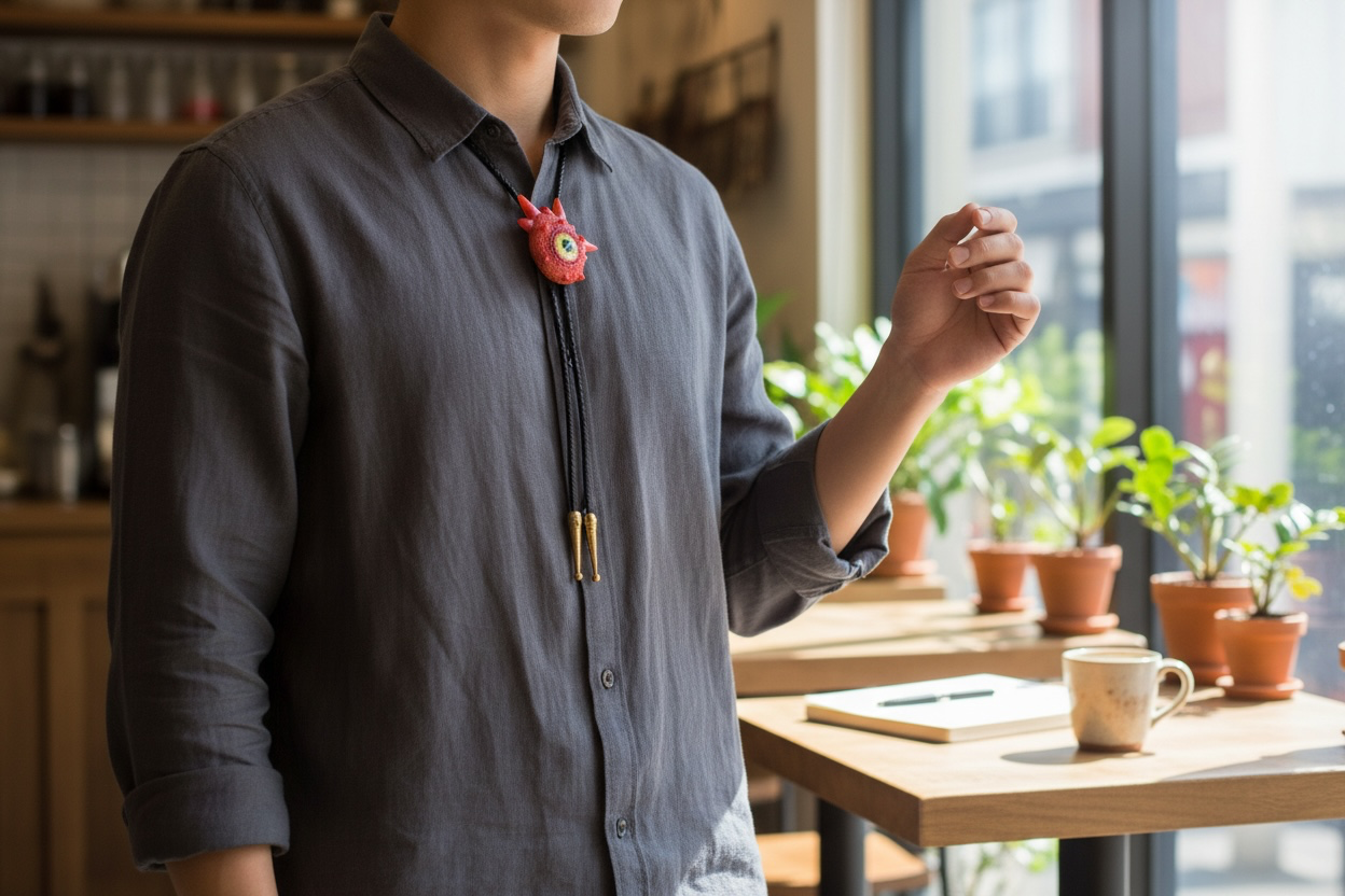 Monster bolo tie in pink. Model Spiky.