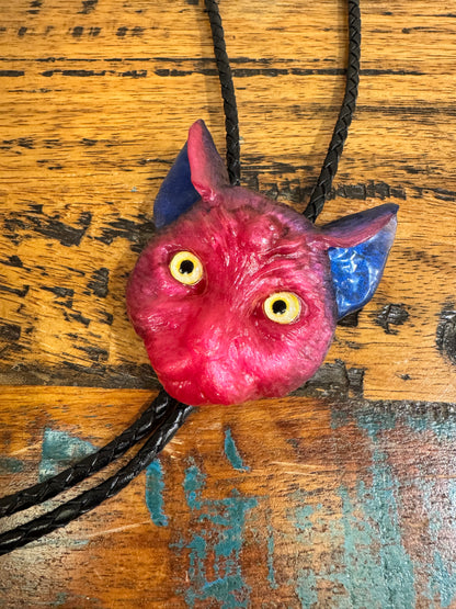 Cat bolo tie in pink and blue.