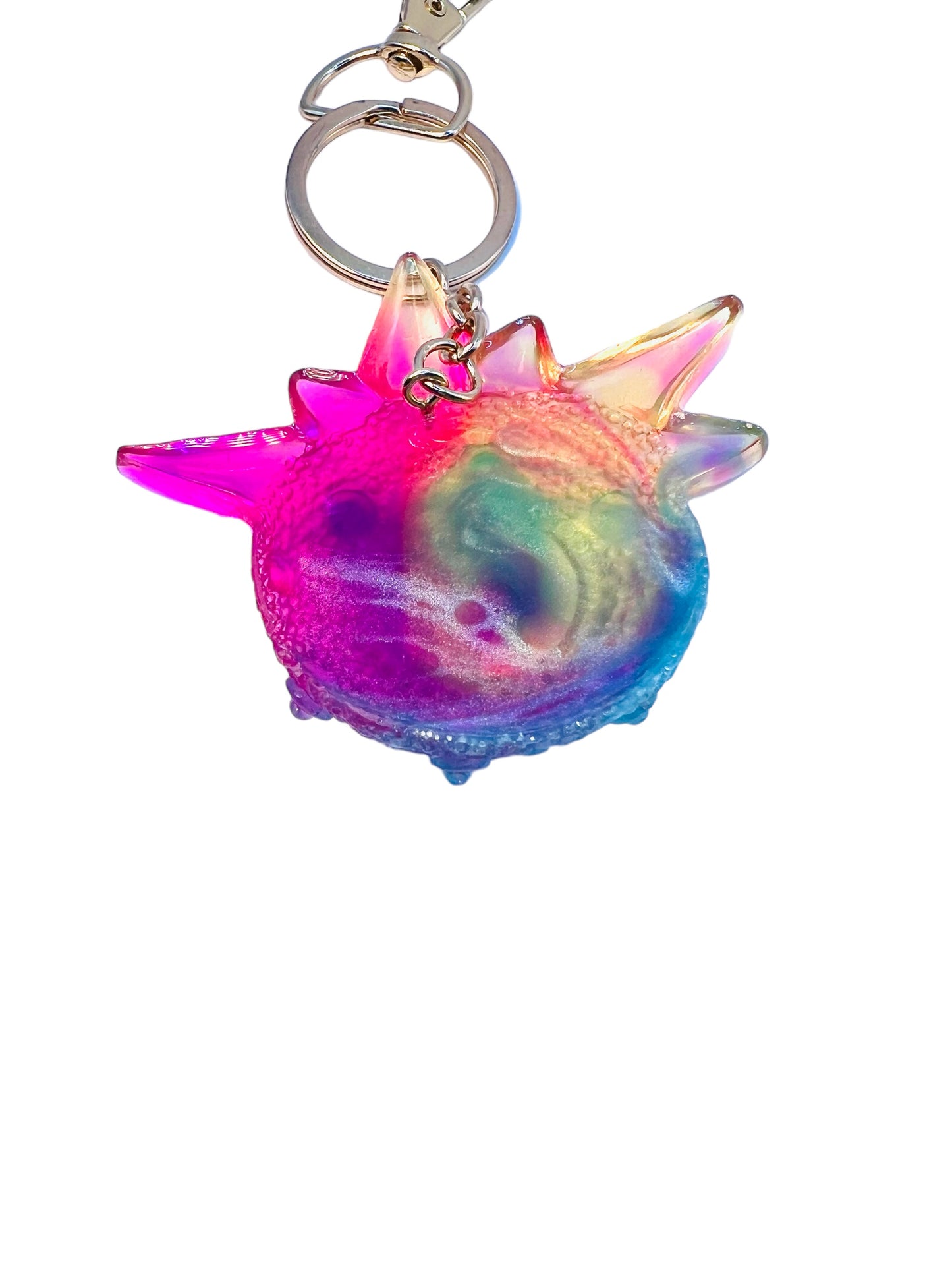 Monster keychain, pink,blue and yellow. Model Spiky.