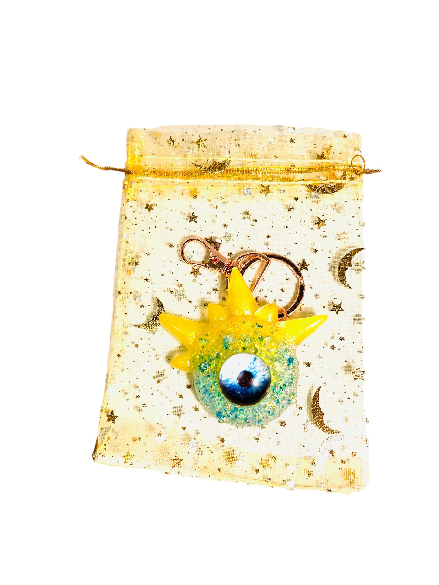 Cute Monster Eye keychain, yellow and blue. Model Spiky.