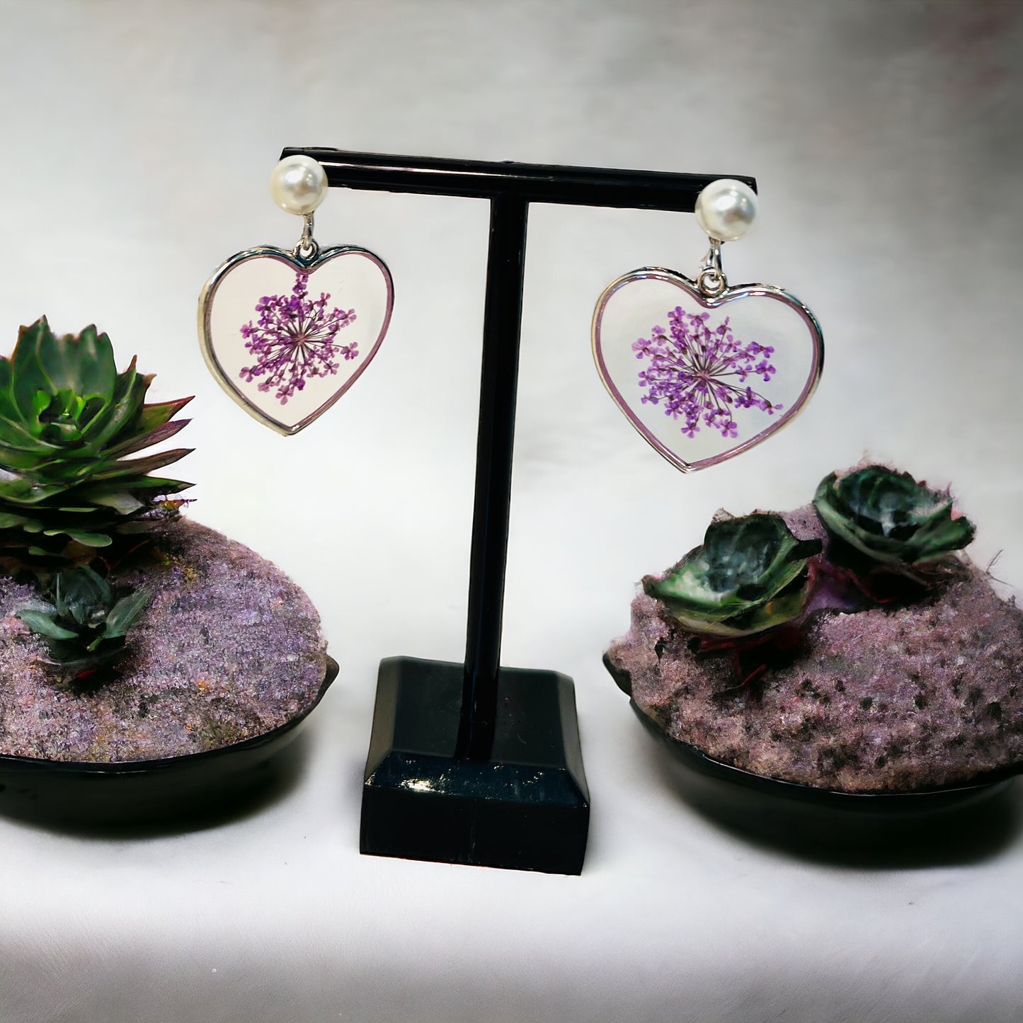 Heart with purple flowers earrings