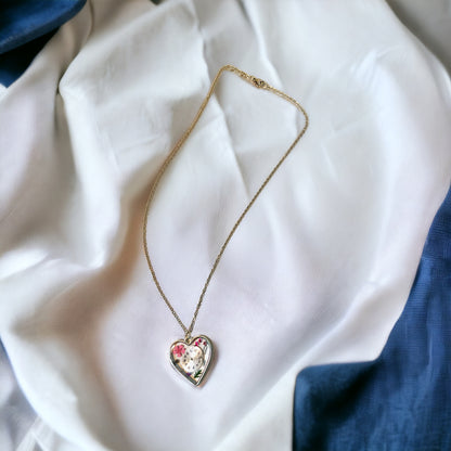 Heart necklace with pink flowers and watch face and gear