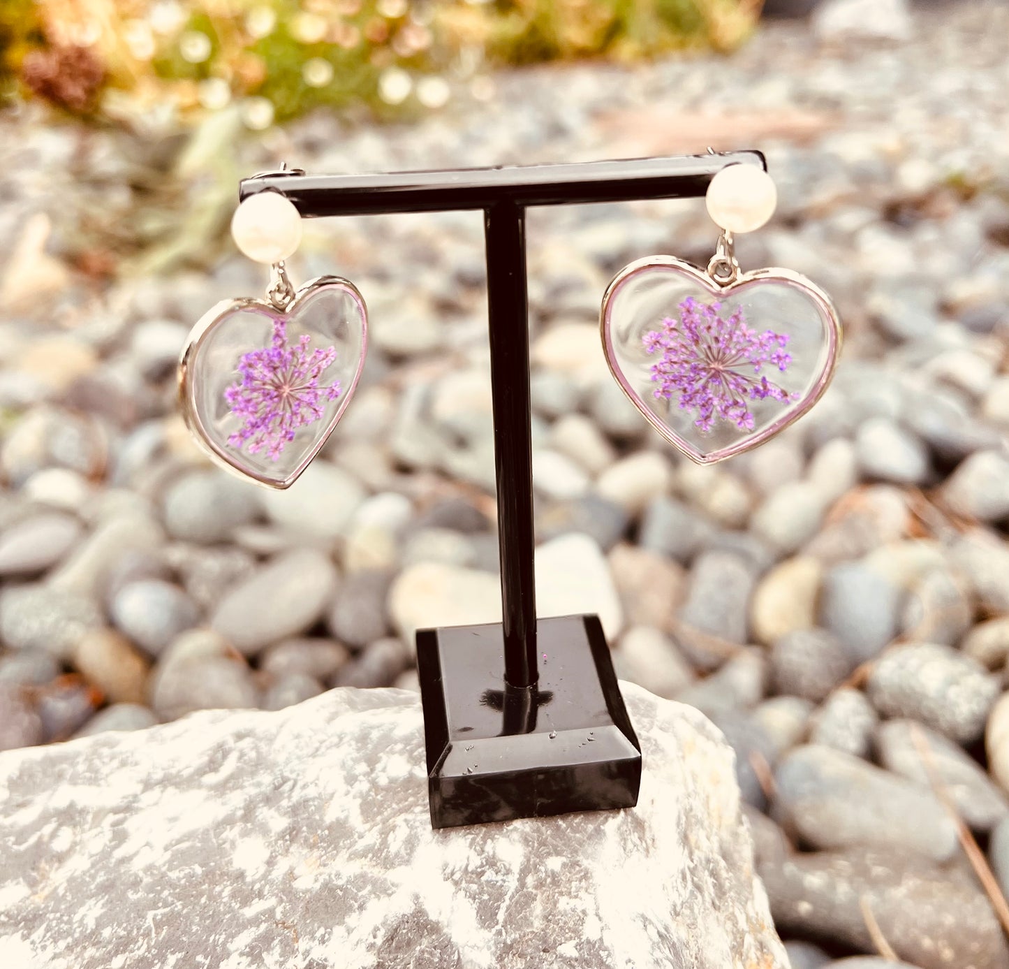 Heart with purple flowers earrings