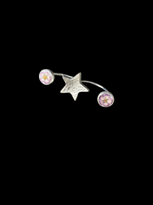 Star silver plated double ring with light purple flowers