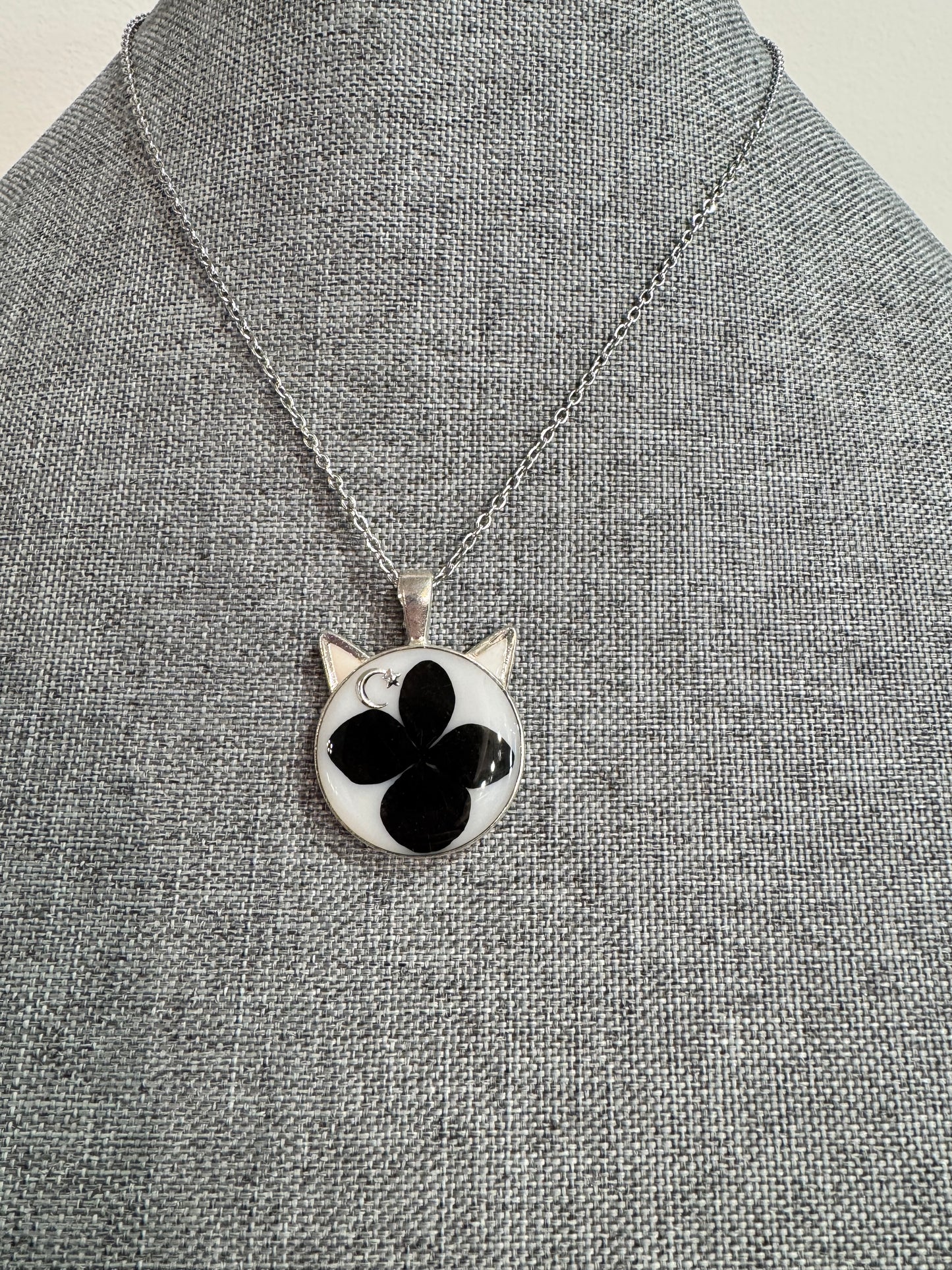 Cat head necklace with black flower and moon