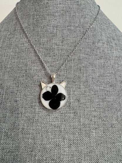 Cat head necklace with black flower and moon