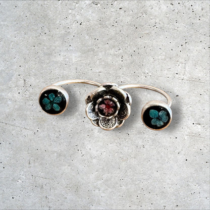 Flower silver plated double ring with blue and pink flowers