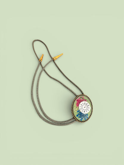 Bolo tie, blue and pink flowers and watch gears, handmade resin jewelry