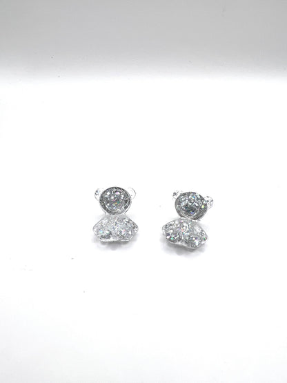 Silver Glitter Teddy Bear Earring Studs