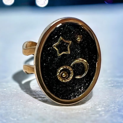 Moon and Star Black Oval Ring