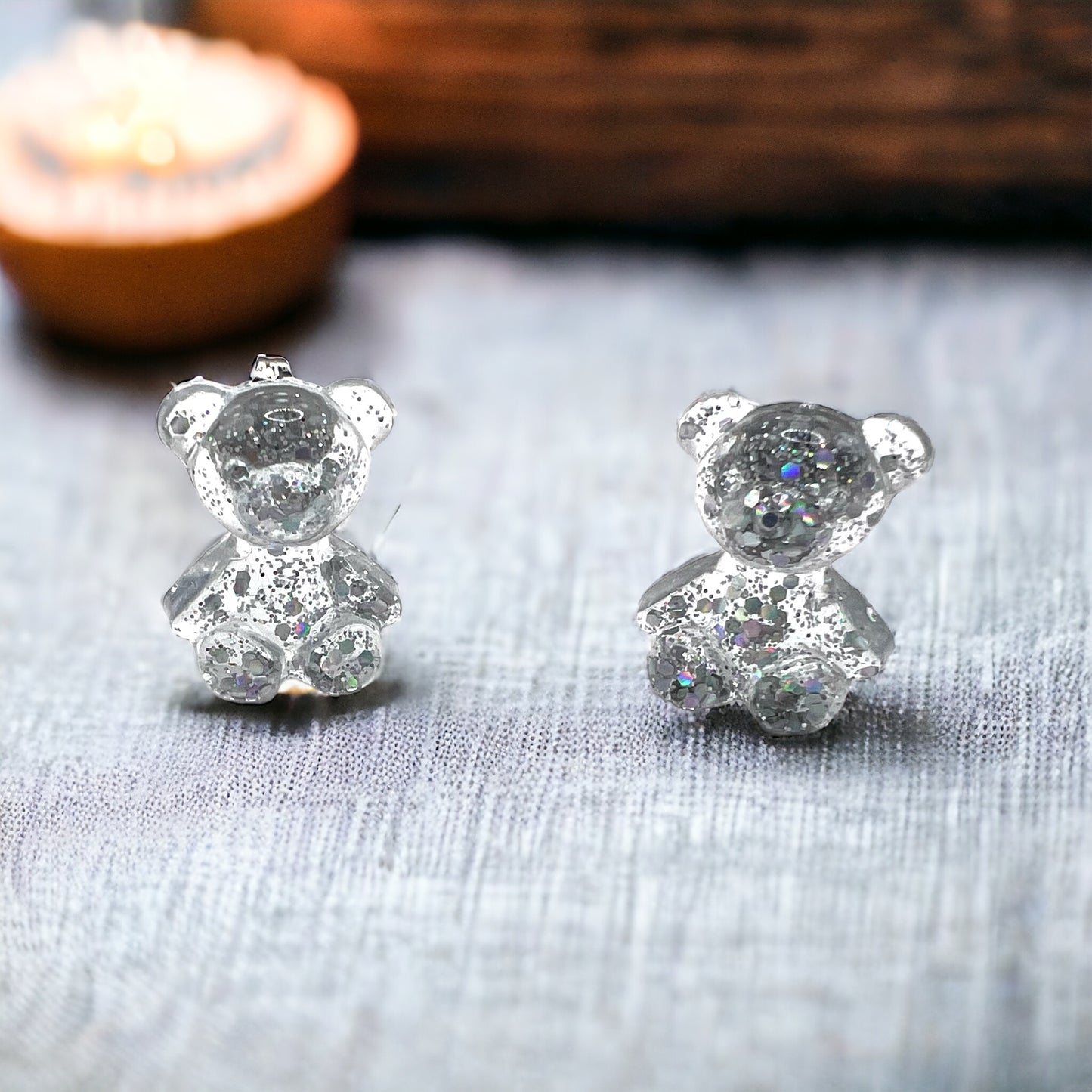 Silver Glitter Teddy Bear Earring Studs