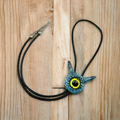 Bolo tie, unique blue and grey monster bolo necktie. Model Pointy.