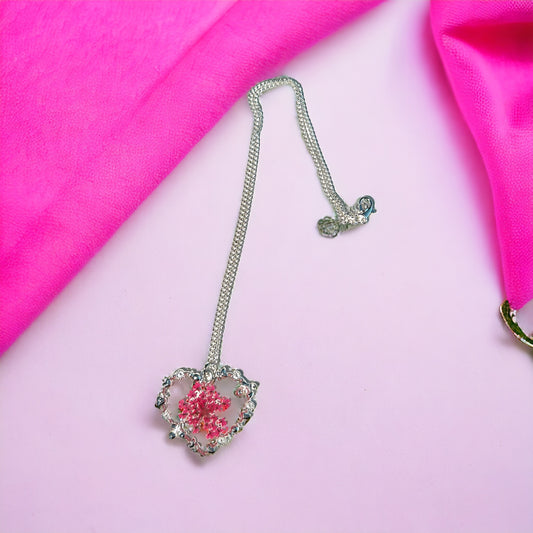 Dried pink flower heart necklace