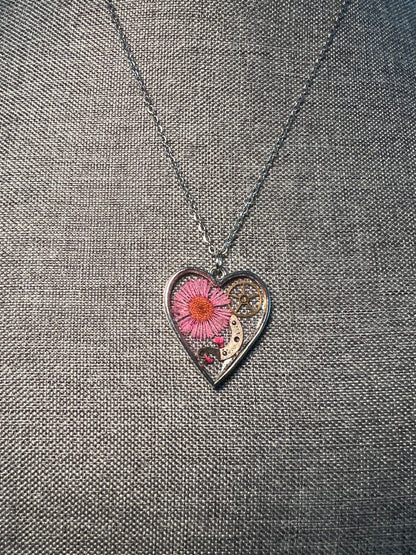 Heart necklace with pink chrysanthemum and watch parts