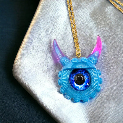 Gothic necklace, evil eye jewelry, dragon blue eye,  handmade resin necklace, quirky pastel goth gift, birthday gift, teen jewelry, kawaii gift. Model Vicky.