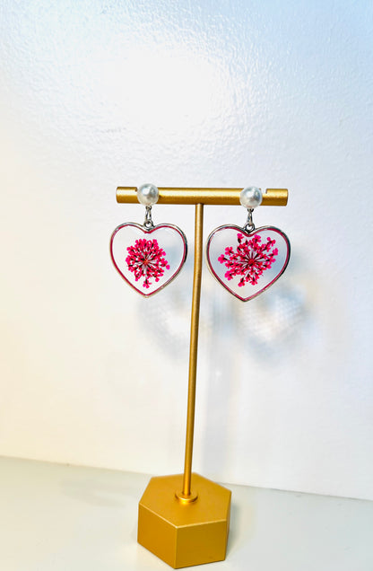 Heart with pink flowers earrings