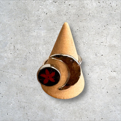 Moon silver plated ring with red flower