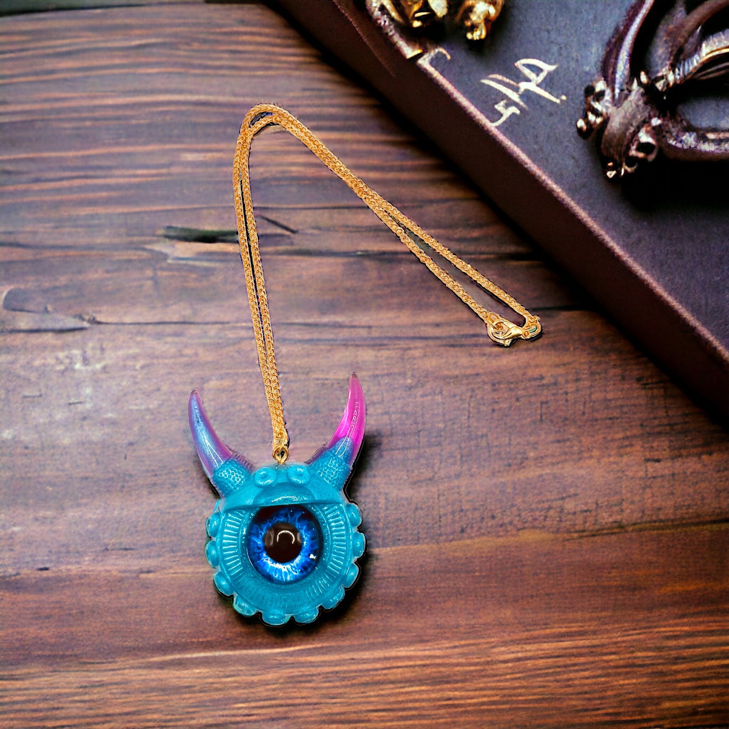 Gothic necklace, evil eye jewelry, dragon blue eye,  handmade resin necklace, quirky pastel goth gift, birthday gift, teen jewelry, kawaii gift. Model Vicky.