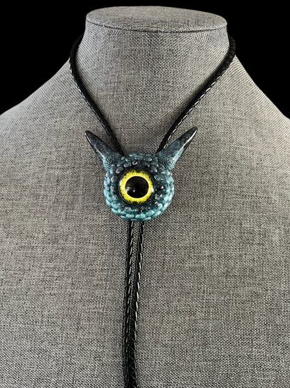 Bolo tie, unique blue and grey monster bolo necktie. Model Pointy.