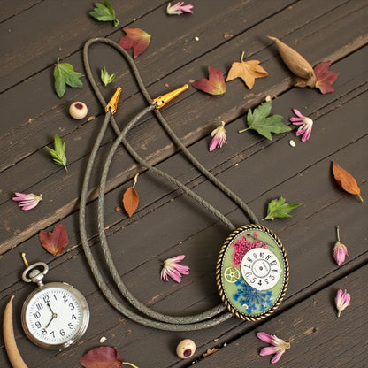 Bolo tie, blue and pink flowers and watch gears, handmade resin jewelry