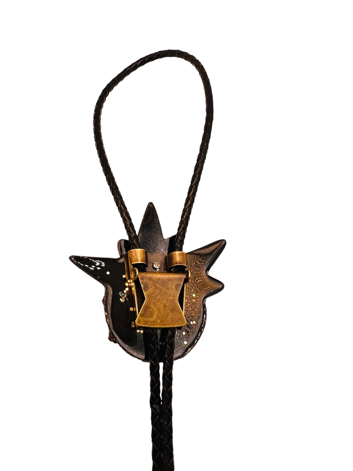 Bolo tie, black and gold monster bolo necktie. Model Spiky.