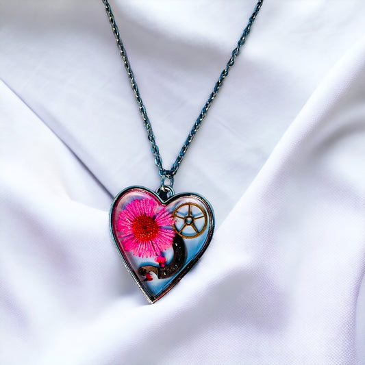 Heart necklace with pink chrysanthemum and watch parts