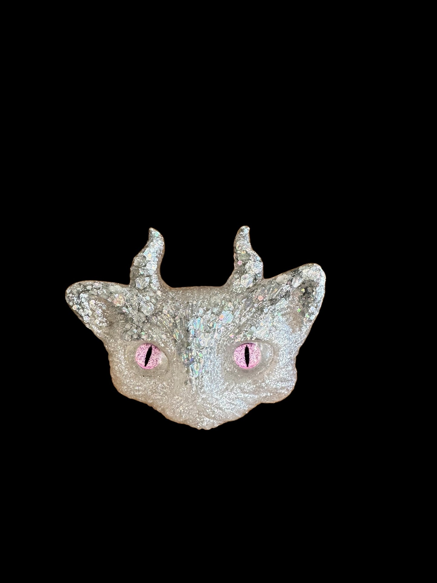 White and silver cat brooch with horns