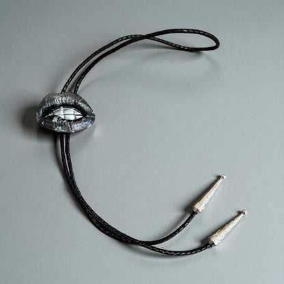 Bolo tie, black lips and silver teeth, handmade resin jewelry