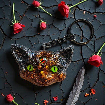 Three eyed cat keychain in orange and black