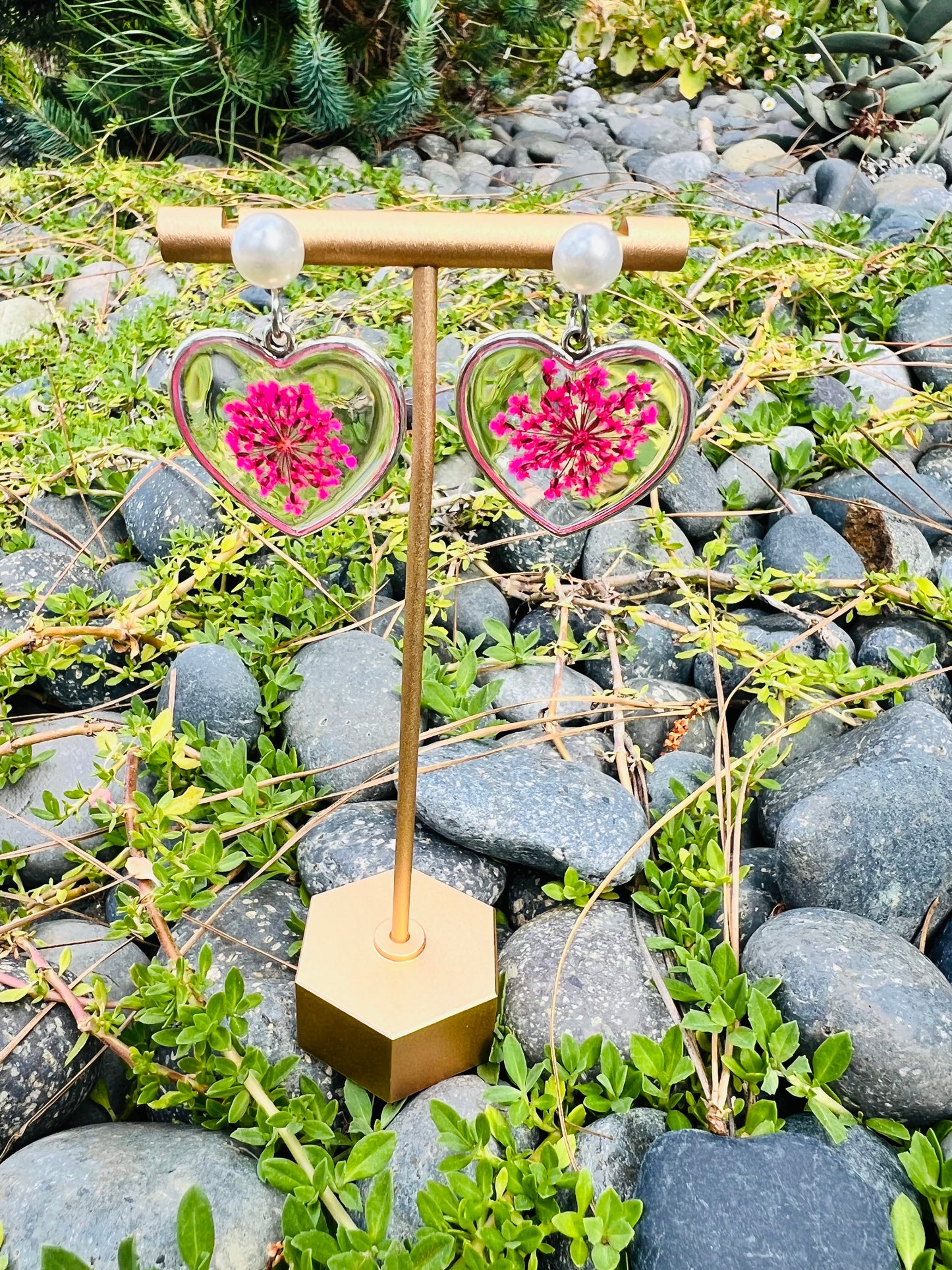 Heart with pink flowers earrings