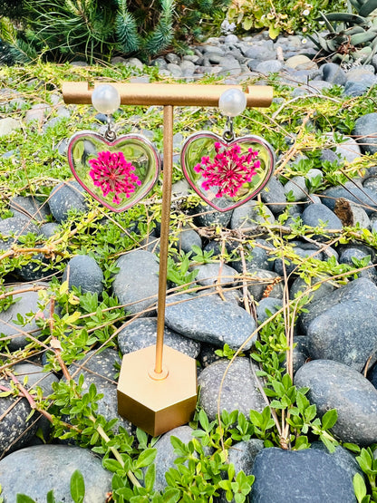 Heart with pink flowers earrings