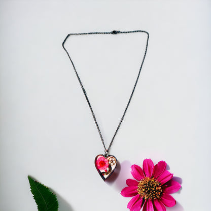 Heart necklace with pink chrysanthemum and watch parts