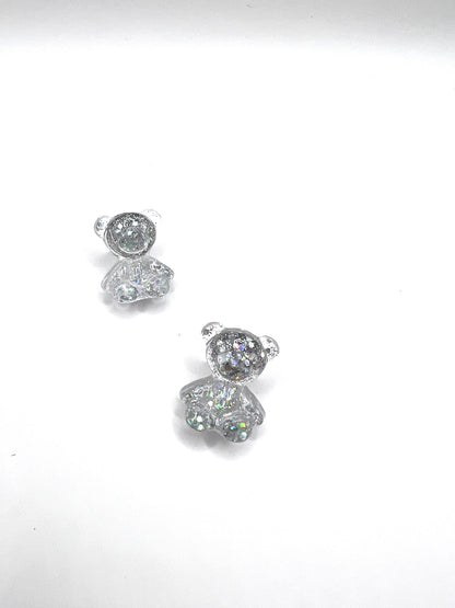 Silver Glitter Teddy Bear Earring Studs