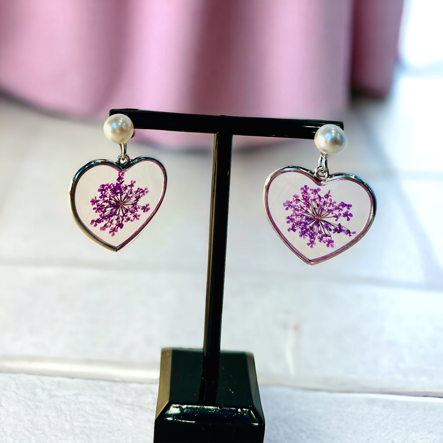 Heart with purple flowers earrings