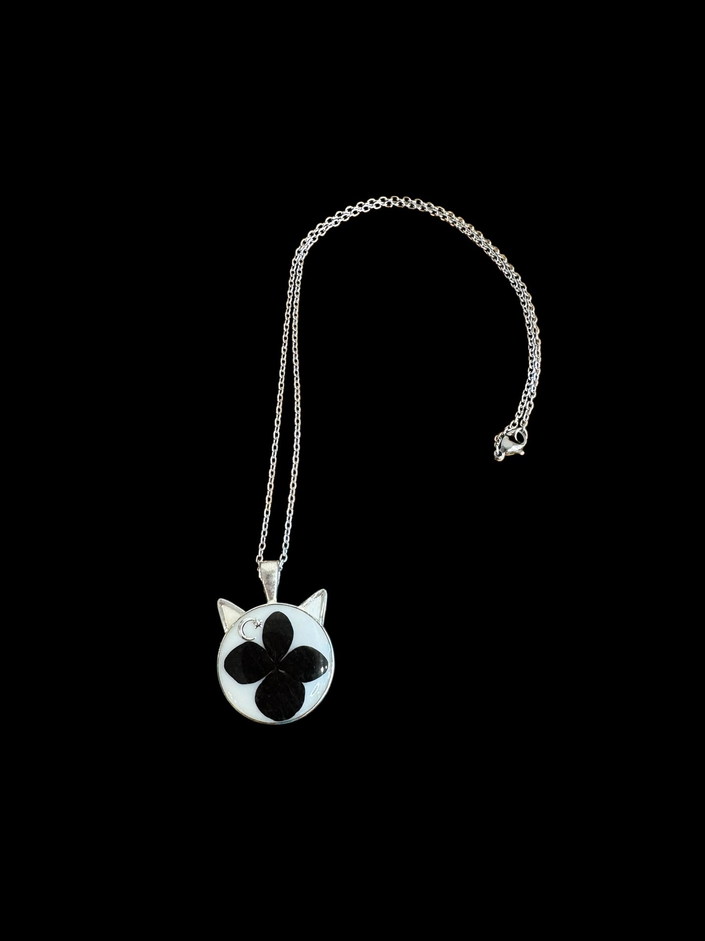 Cat head necklace with black flower and moon