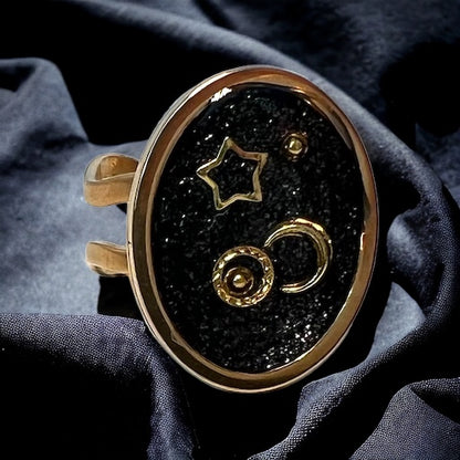 Moon and Star Black Oval Ring