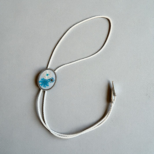 Bolo tie, blue flowers and watch gears, handmade resin jewelry